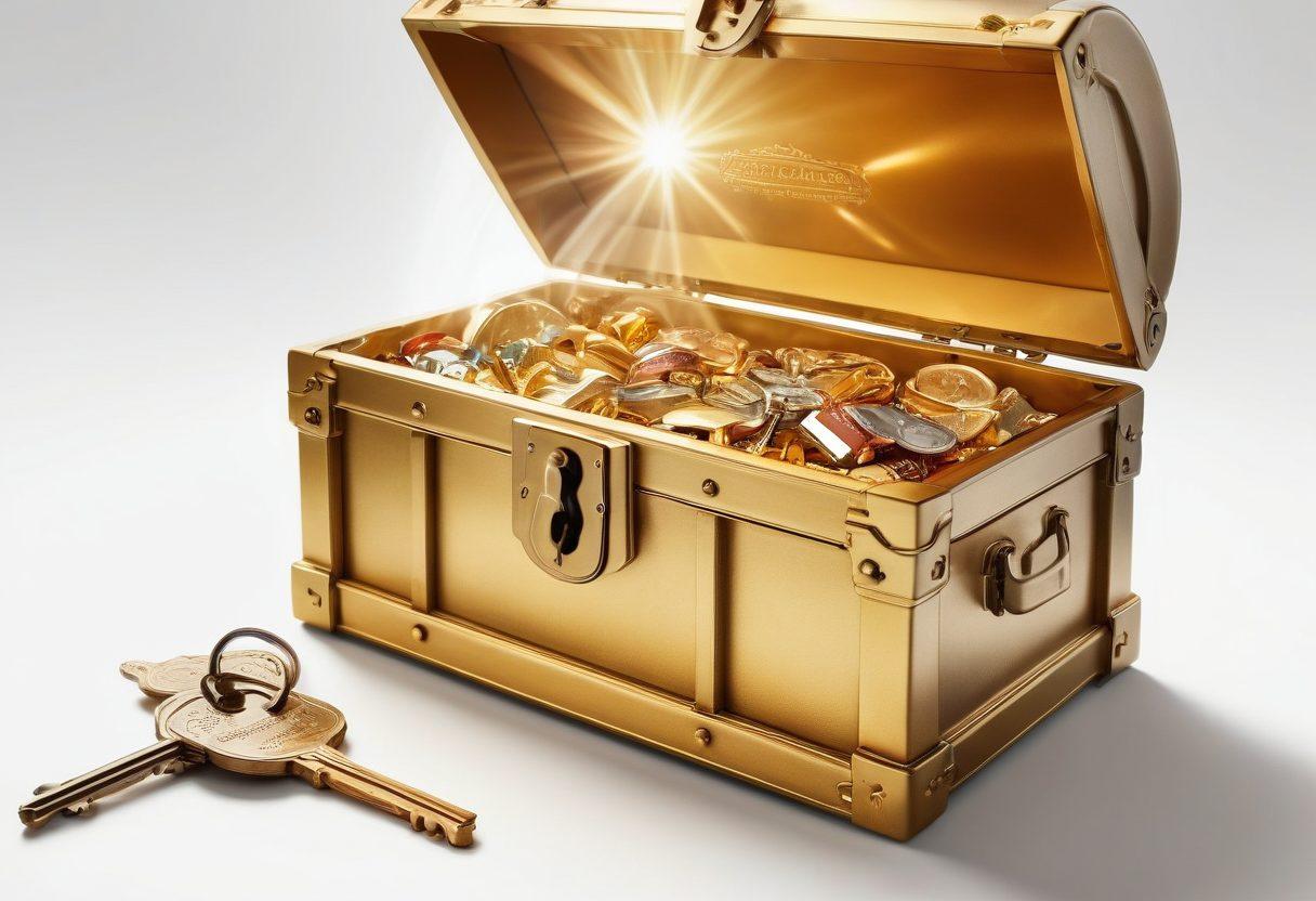 A luxurious key unlocking a golden treasure chest filled with exclusive rewards like travel vouchers, fine dining experiences, and premium memberships. Surrounding the chest are vibrant light rays symbolizing benefits and advantages. In the background, a blurred luxury lifestyle scene showing people enjoying their perks. super-realistic. vibrant colors. white background.