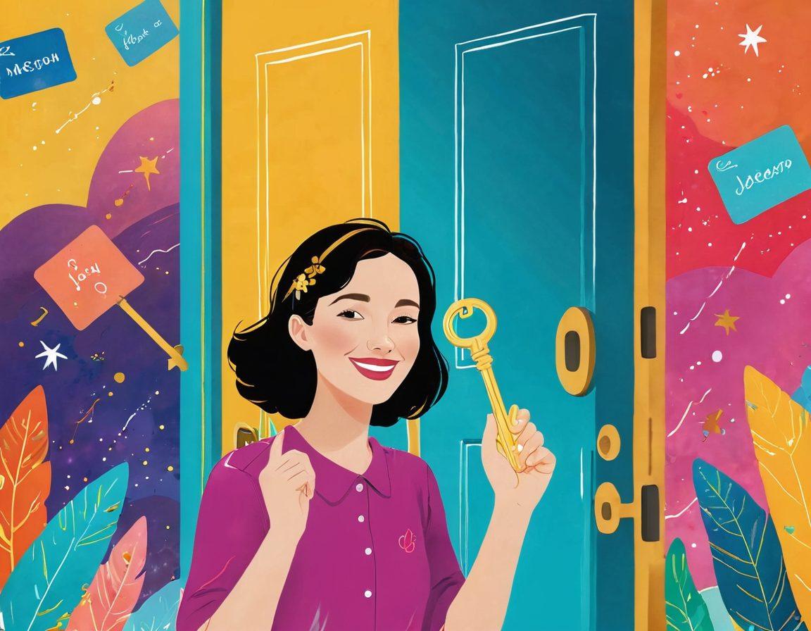 A vibrant illustration of a joyful person holding a golden key, symbolizing exclusive access, surrounded by sparkles and colorful membership cards with unique benefits written on them. In the background, a whimsical landscape of open doors leading to different joyful scenes like adventure, relaxation, and community. The overall mood is uplifting and inviting, emphasizing the idea of unlocking joy through membership. vibrant colors. vector art.